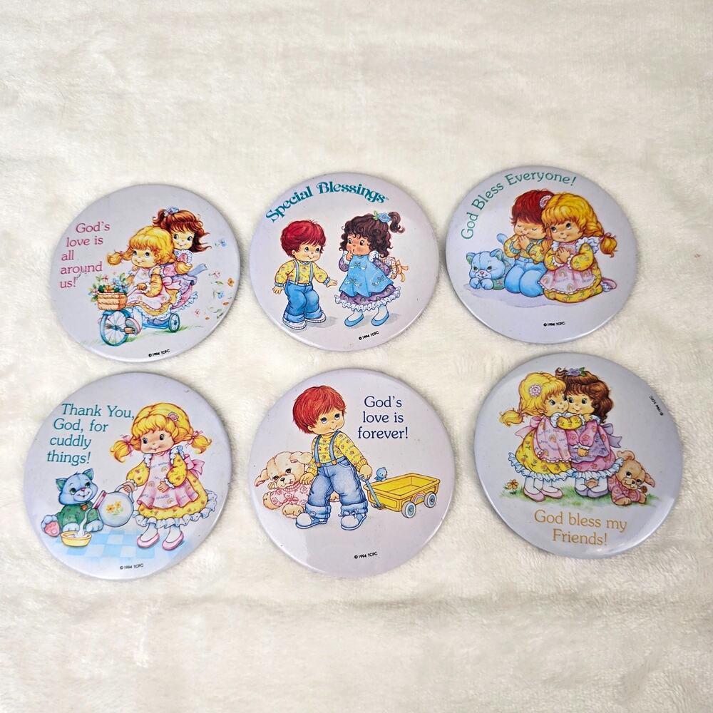 6 pc 90s Vintage Special Blessings God's Love Button Pins Safety Pin Back 1994